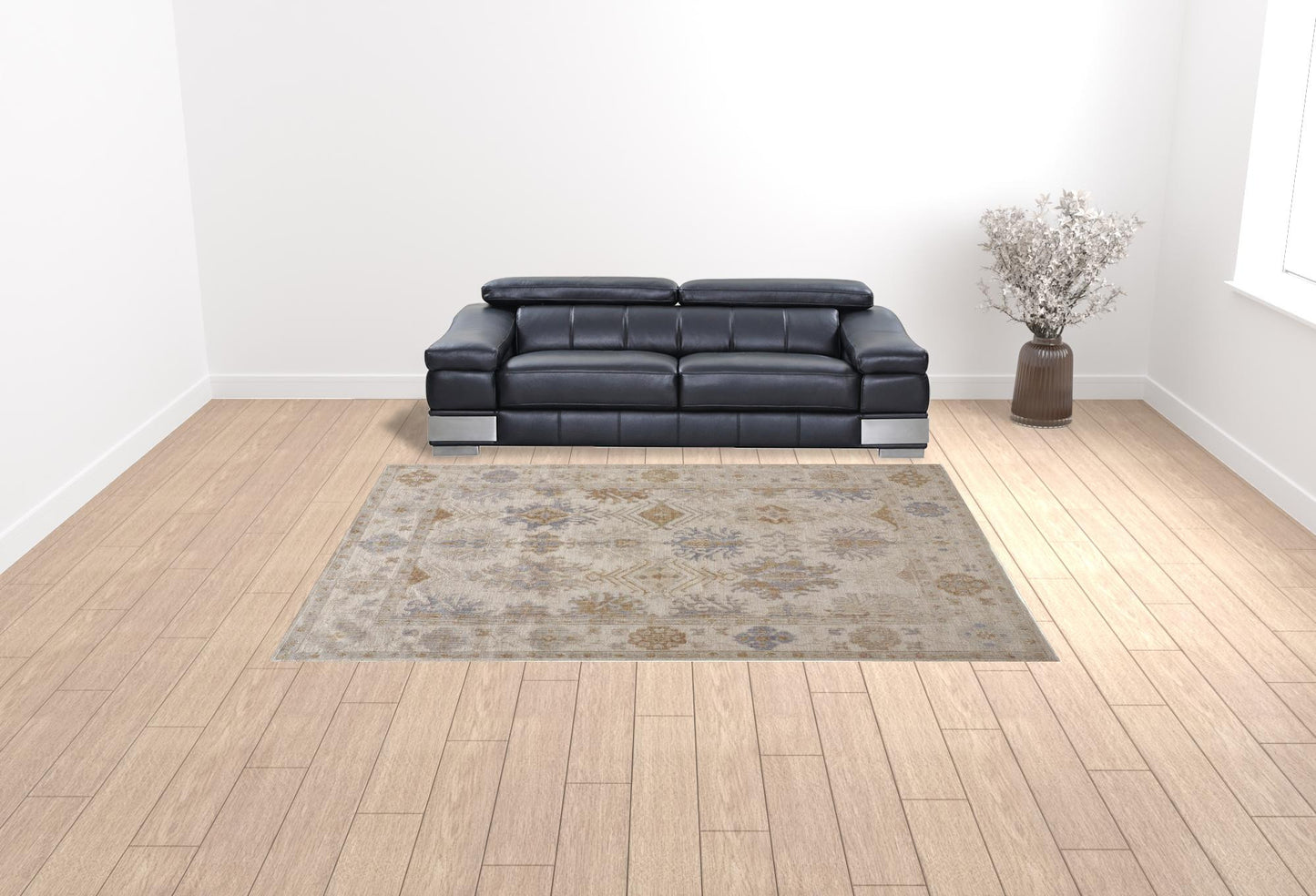 9' X 12' Ivory Tan And Blue Floral Hand Knotted Stain Resistant Area Rug