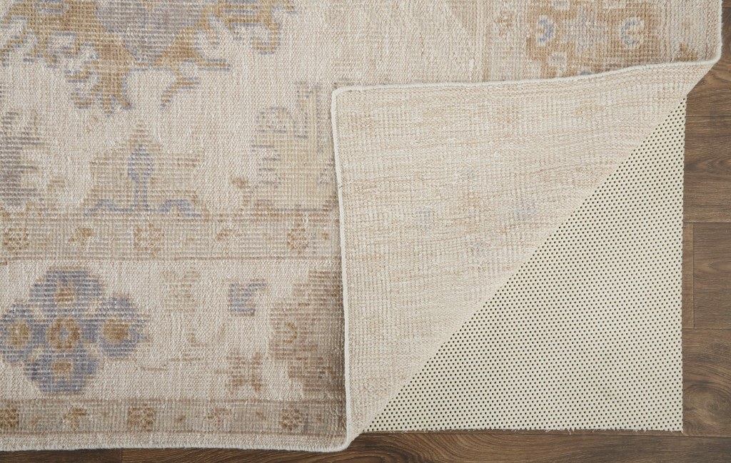 9' X 12' Ivory Tan And Blue Floral Hand Knotted Stain Resistant Area Rug