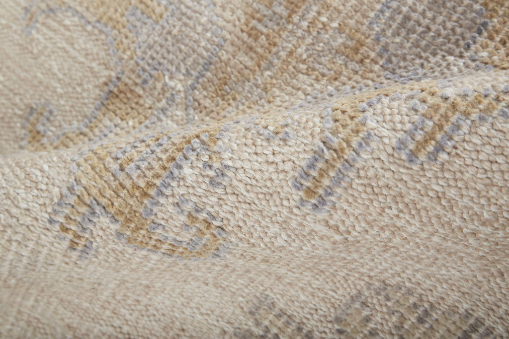 9' X 12' Ivory Tan And Blue Floral Hand Knotted Stain Resistant Area Rug