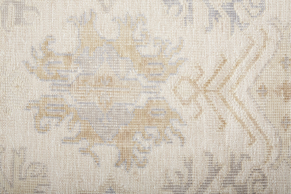 9' X 12' Ivory Tan And Blue Floral Hand Knotted Stain Resistant Area Rug