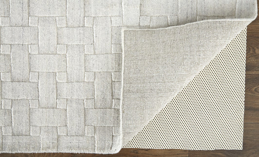 10' X 14' White And Silver Striped Hand Woven Area Rug