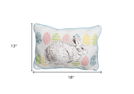 13" X 18" Blue and White Rabbit Easter Easter Bunny Jute Pillow With Applique