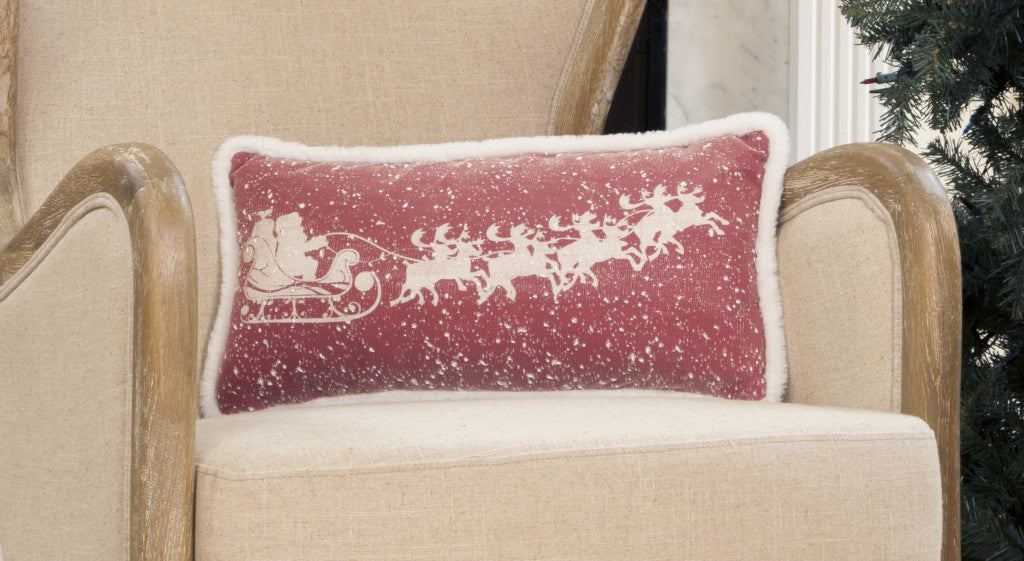 10"x20" Red and Off White Deer Snow Christmas Santa and Sleigh Polyester Zippered Pillow