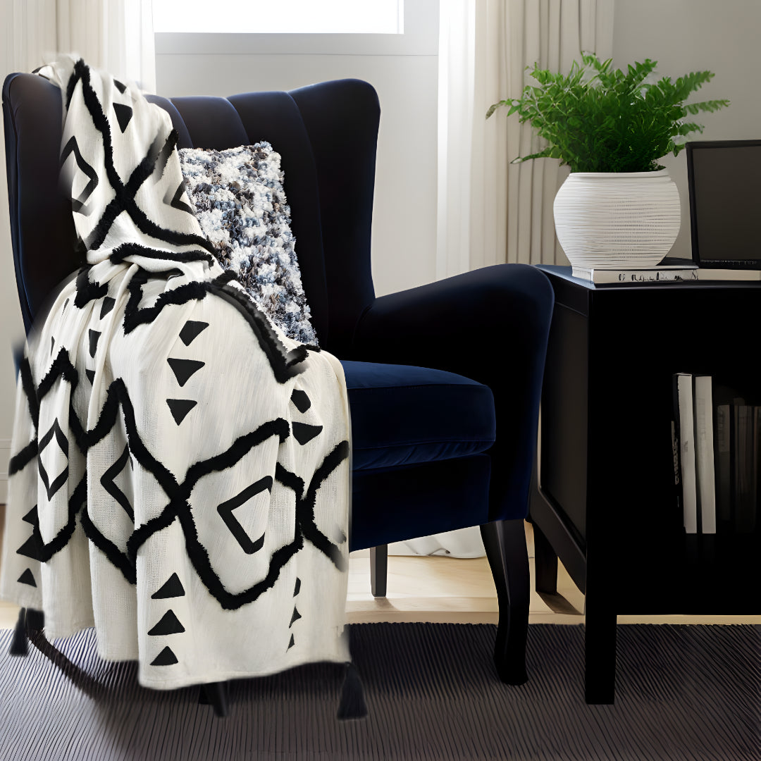 Black and White Woven Cotton Geometric Throw Blanket