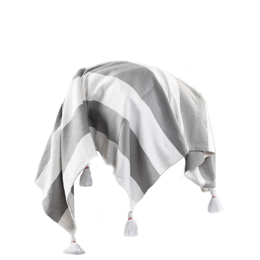 Gray and White Knitted Cotton Striped Throw Blanket