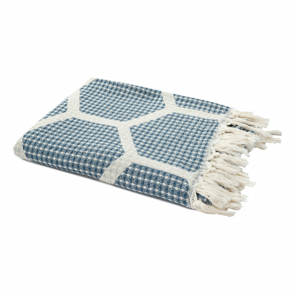 Blue and Off White Woven Cotton Geometric Throw Blanket