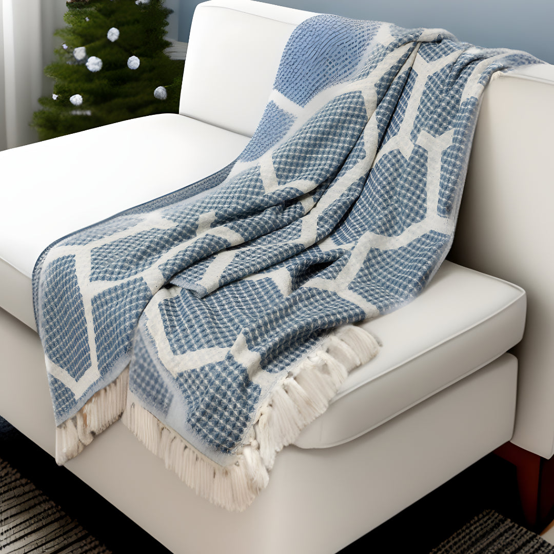 Blue and Off White Woven Cotton Geometric Throw Blanket