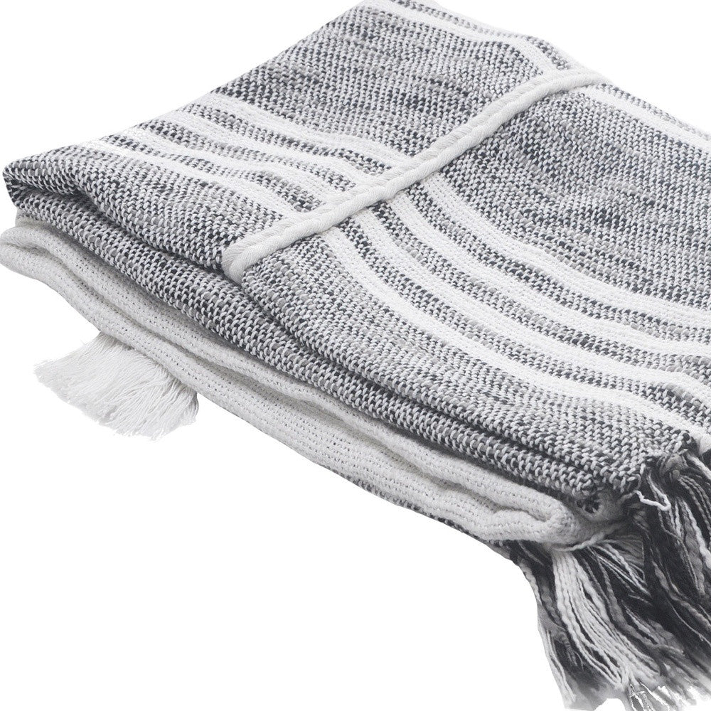 Gray and White Woven Cotton Striped Throw Blanket