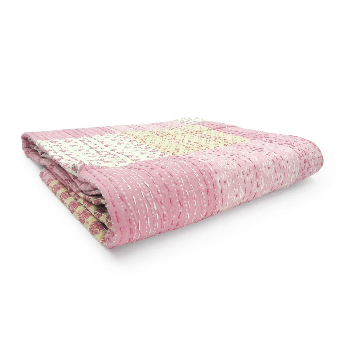 Pink Knitted Cotton Patchwork Throw Blanket