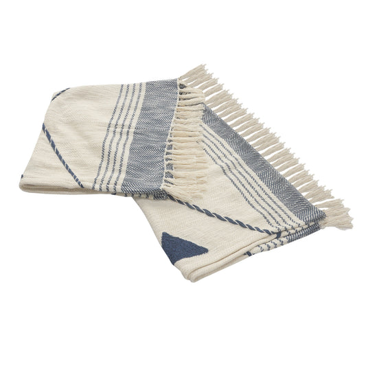 Blue and Off White Woven Cotton Striped Throw Blanket