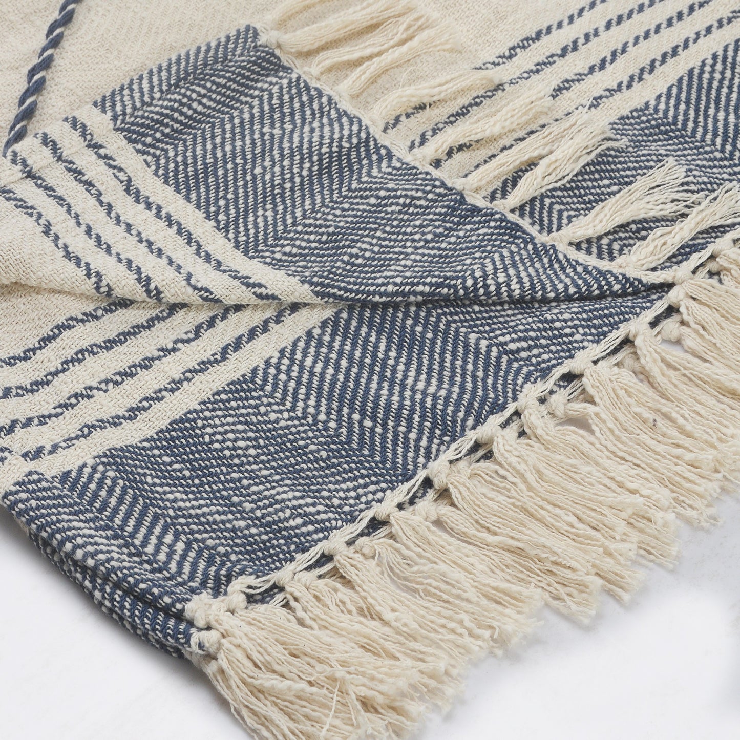 Blue and Off White Woven Cotton Striped Throw Blanket