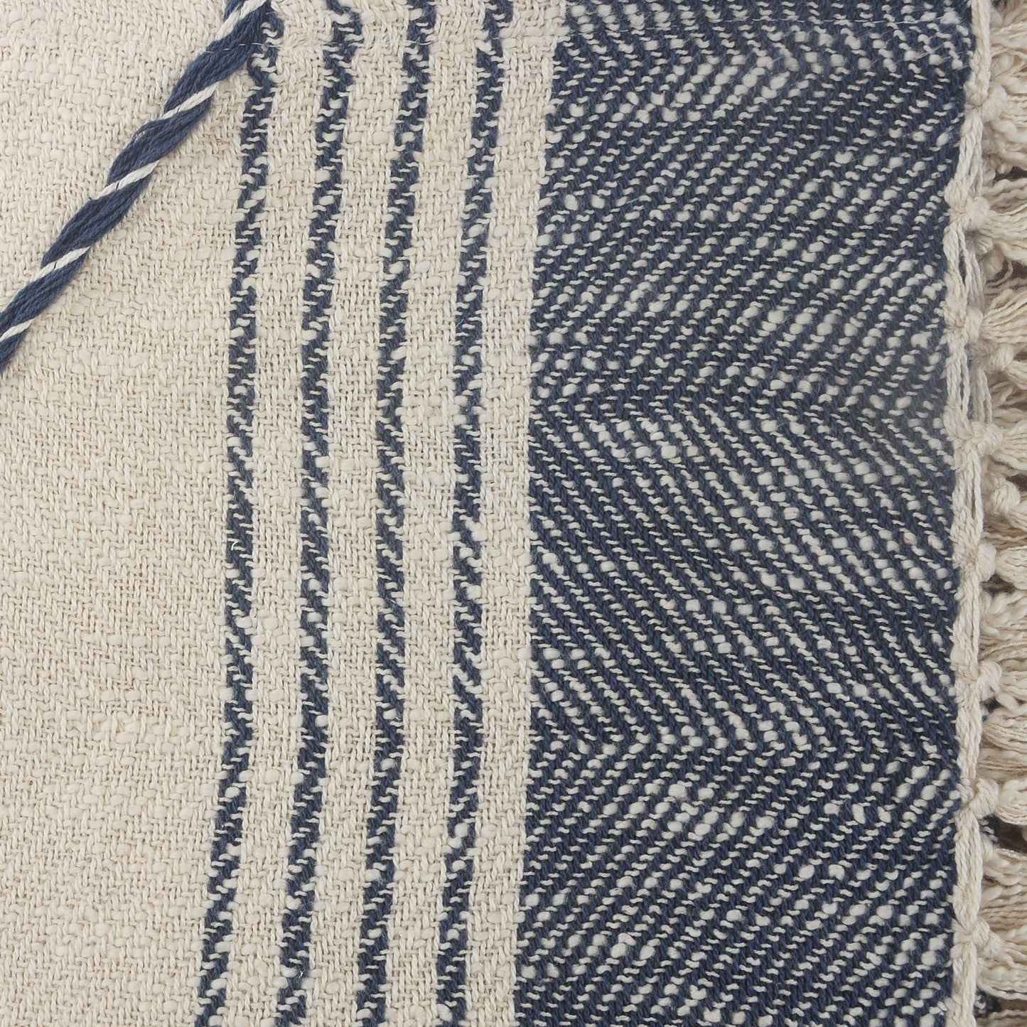 Blue and Off White Woven Cotton Striped Throw Blanket