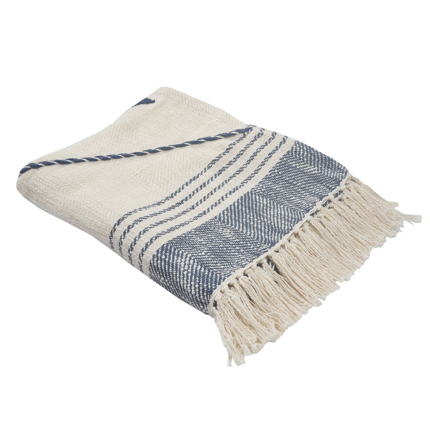 Blue and Off White Woven Cotton Striped Throw Blanket