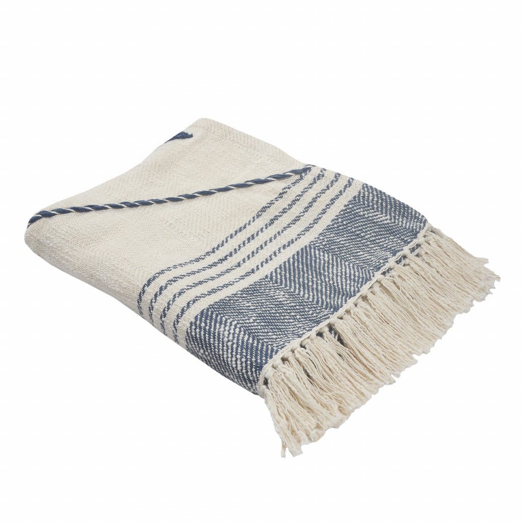 Blue and Off White Woven Cotton Striped Throw Blanket