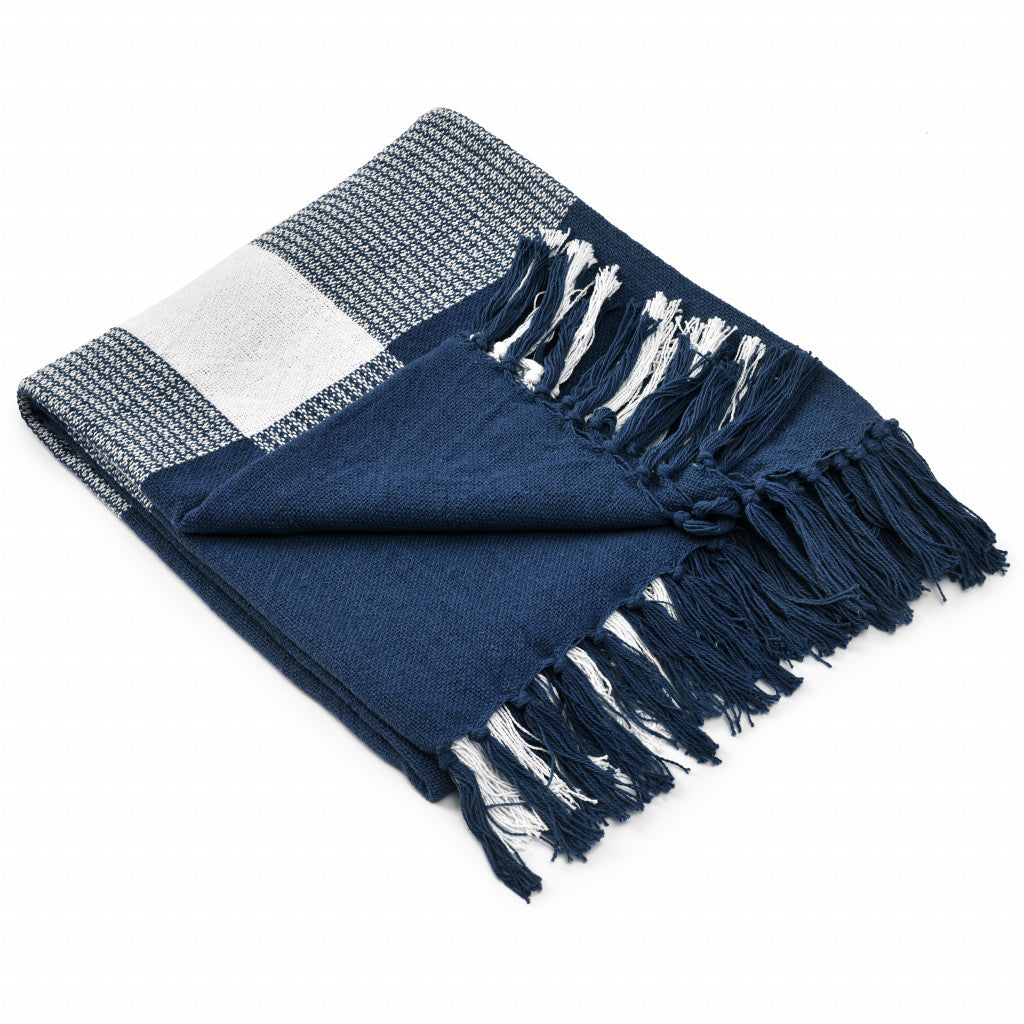 Blue and White Woven Cotton Checkered Throw Blanket