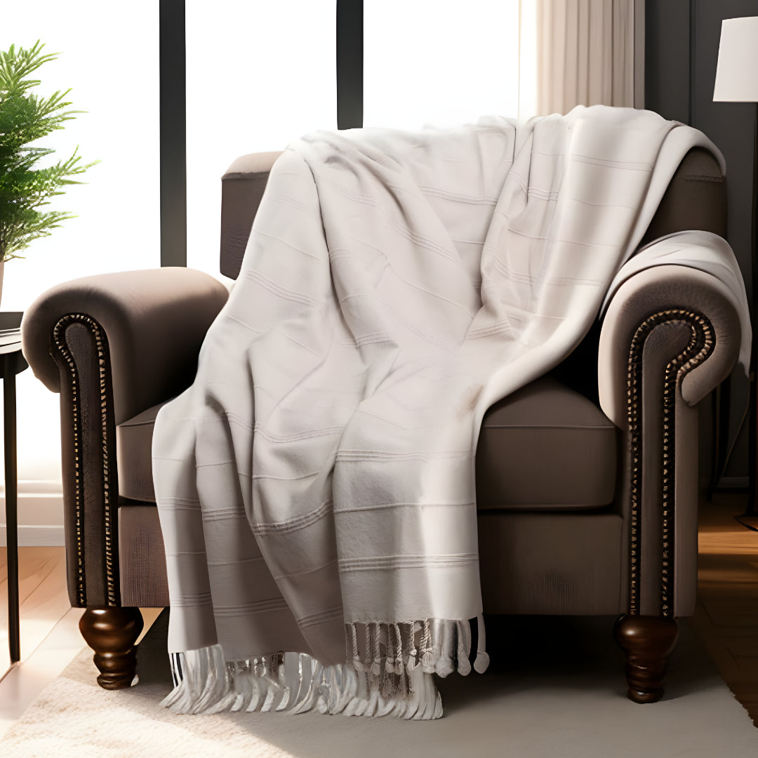 Beige Woven Cotton Striped Throw Blanket