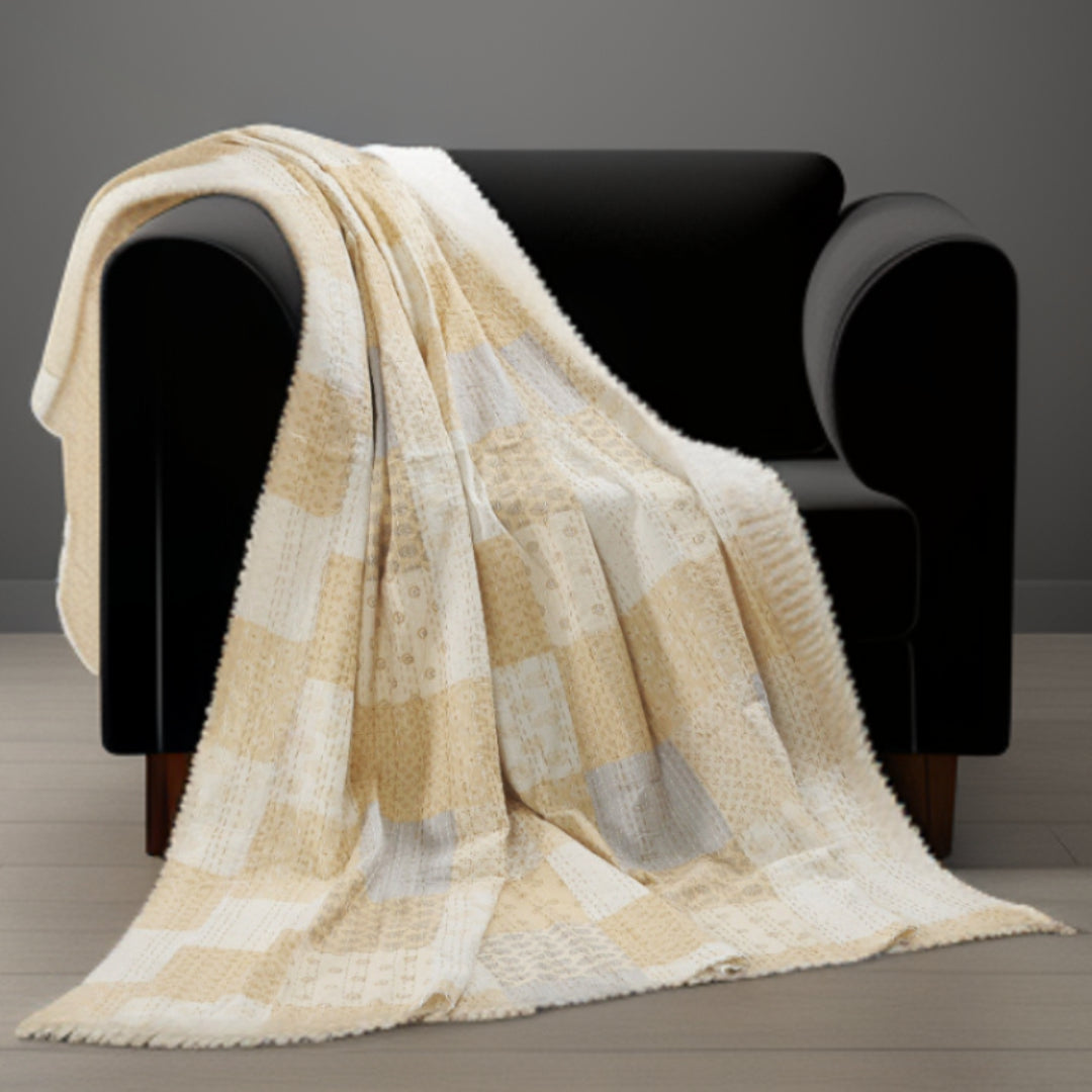 Beige Knitted Cotton Patchwork Throw Blanket