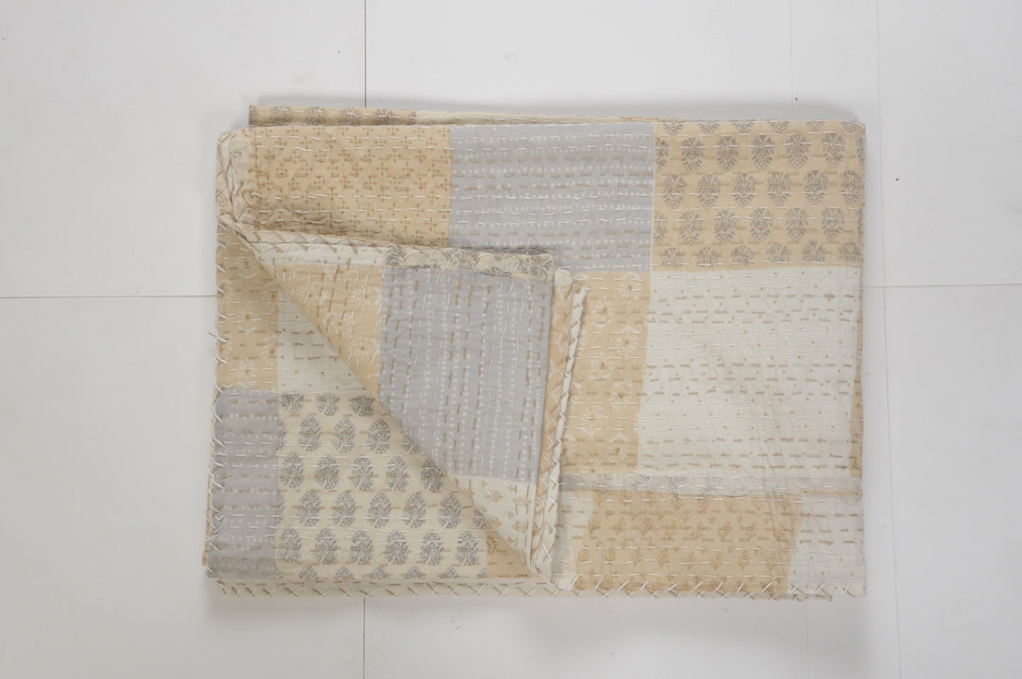 Beige Knitted Cotton Patchwork Throw Blanket