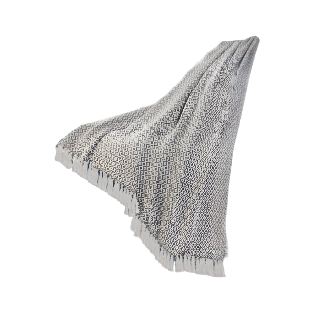 Gray and White Woven Cotton Geometric Throw Blanket