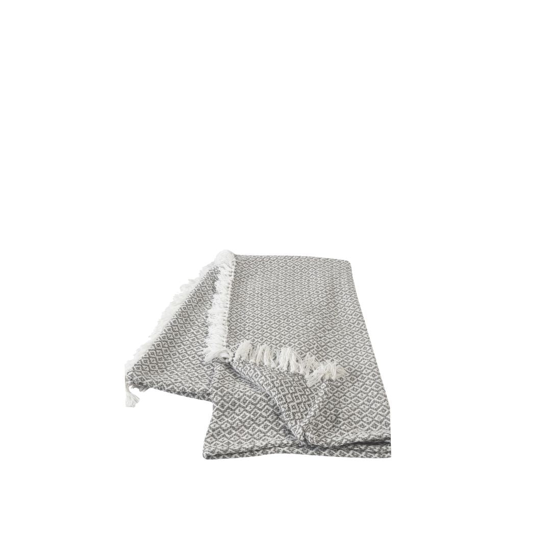 Gray and White Woven Cotton Geometric Throw Blanket