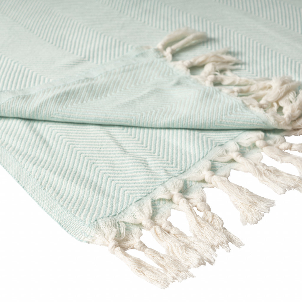 Teal Blue Woven Cotton Herringbone Throw Blanket