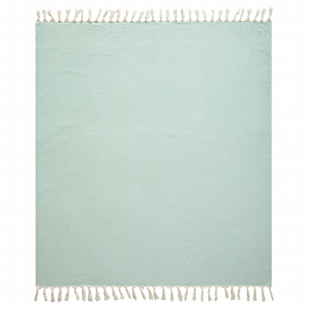 Teal Blue Woven Cotton Herringbone Throw Blanket