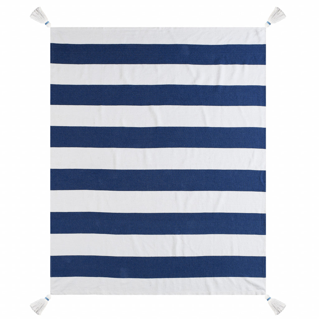 Blue and White Knitted Cotton Striped Throw Blanket