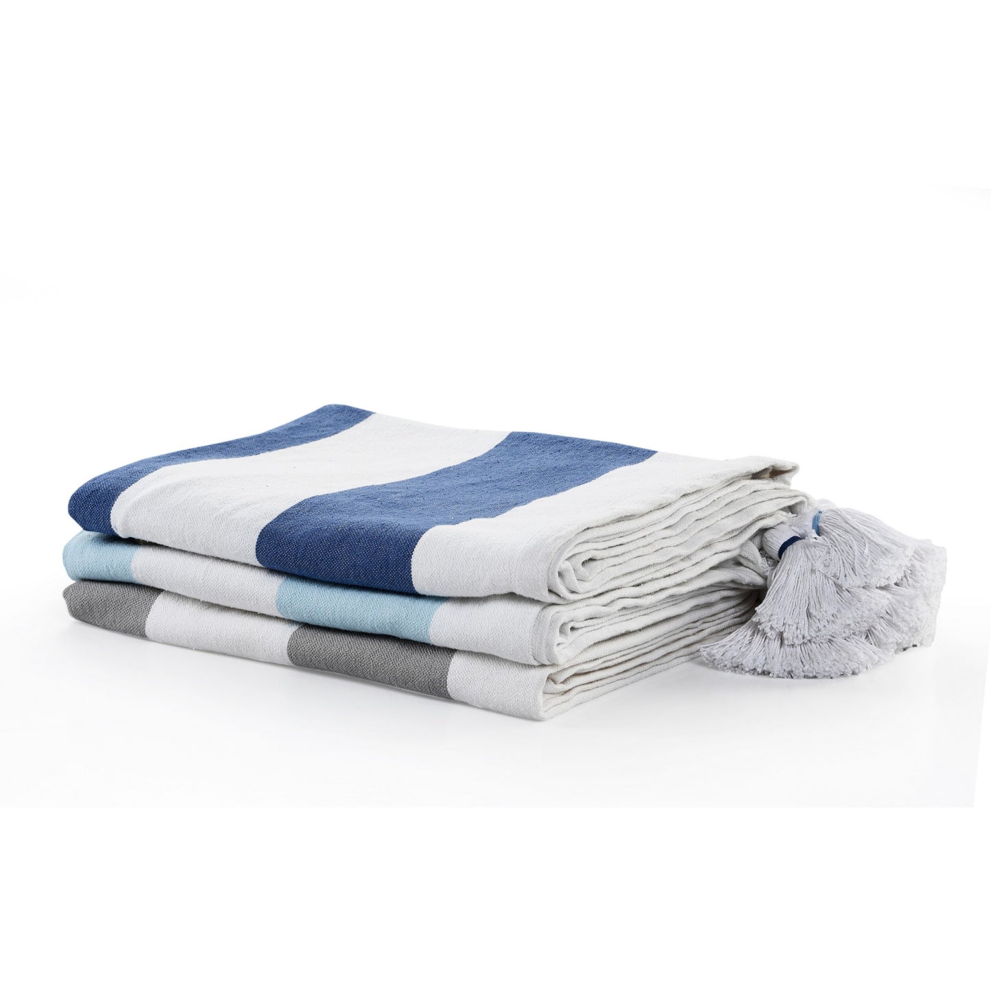 Blue and White Knitted Cotton Striped Throw Blanket