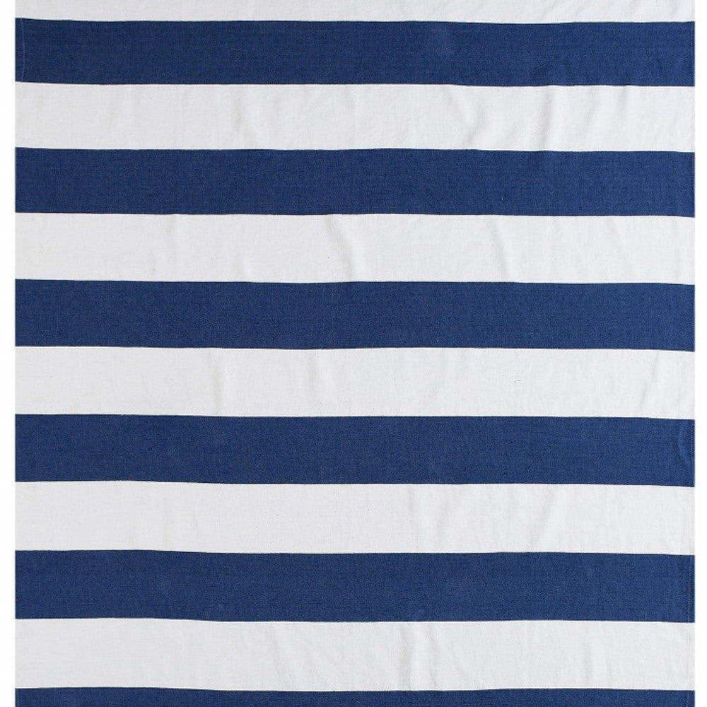 Blue and White Knitted Cotton Striped Throw Blanket