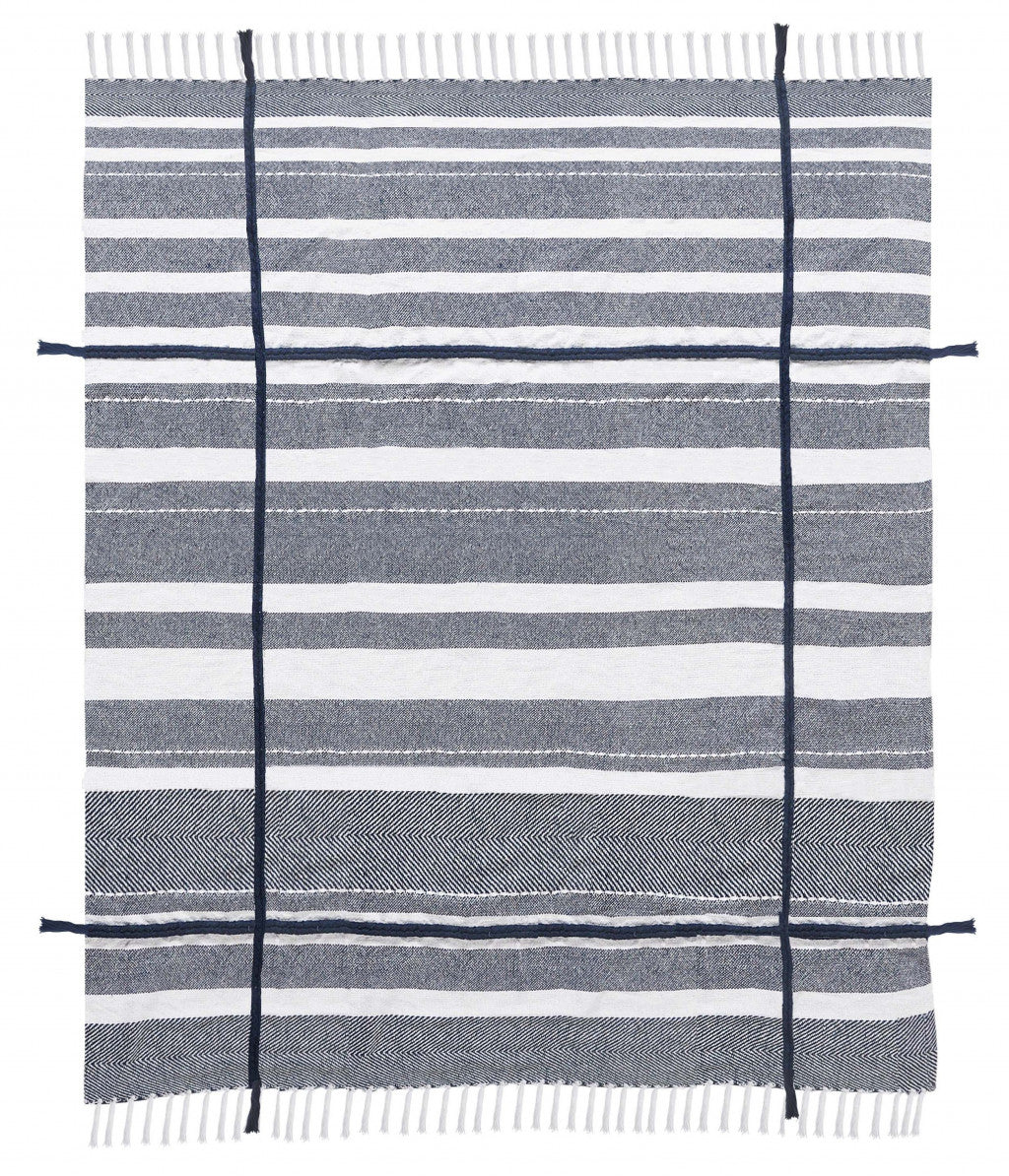 Blue and White Woven Cotton Striped Throw Blanket