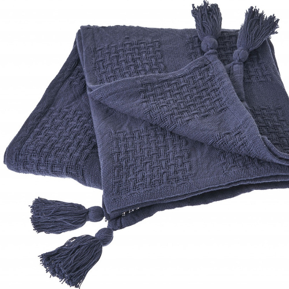 Blue Woven Cotton Solid Color Throw Blanket