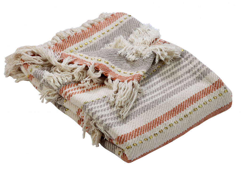 Beige Woven Cotton Striped Throw Blanket