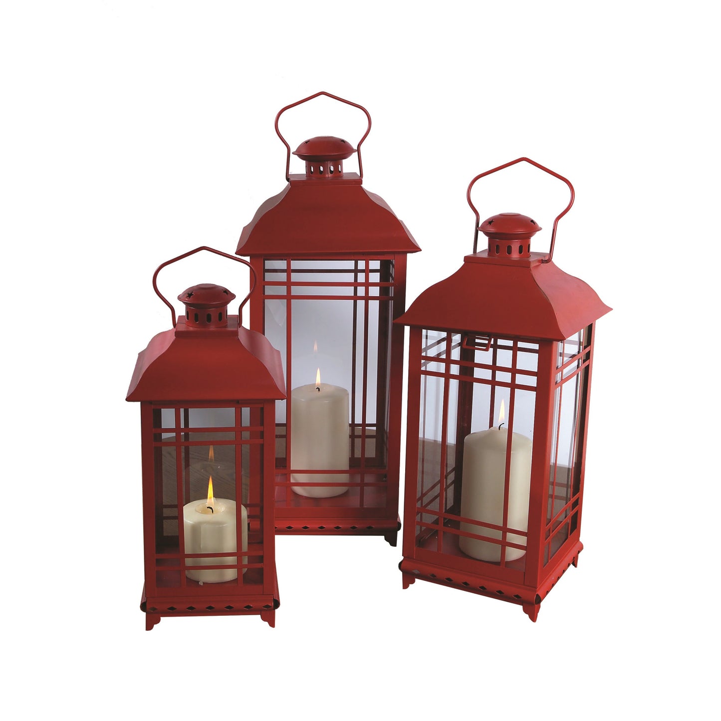 Set Of Three Red Flameless Floor Lantern Candle Holder