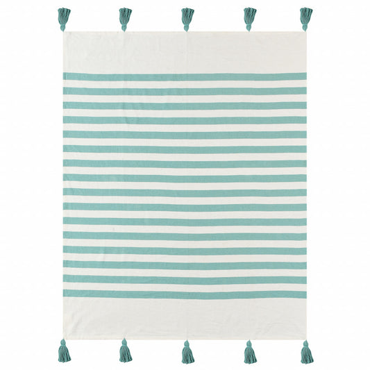 Blue and White Woven Cotton Striped Throw Blanket