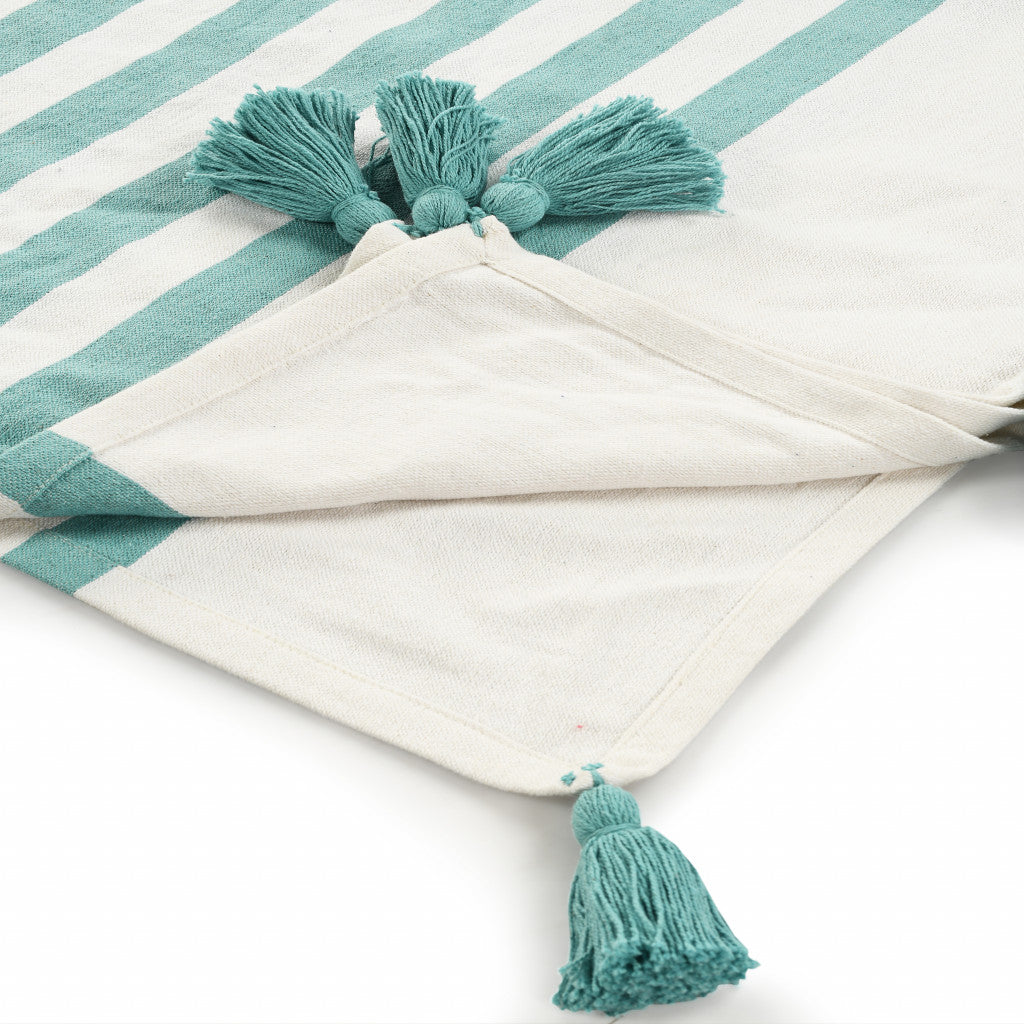 Blue and White Woven Cotton Striped Throw Blanket