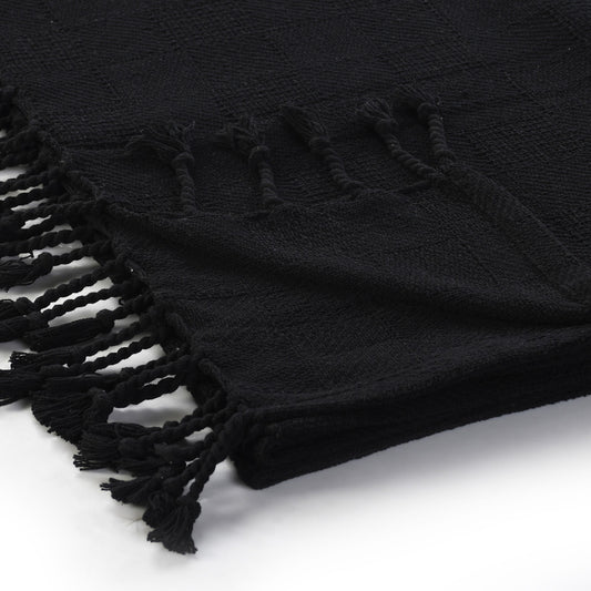 Black Woven Cotton Solid Color Throw Blanket