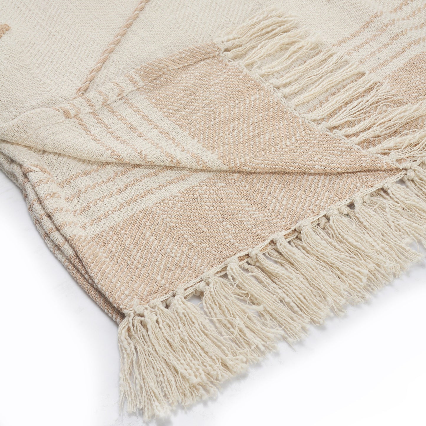 Beige Woven Cotton Striped Throw Blanket