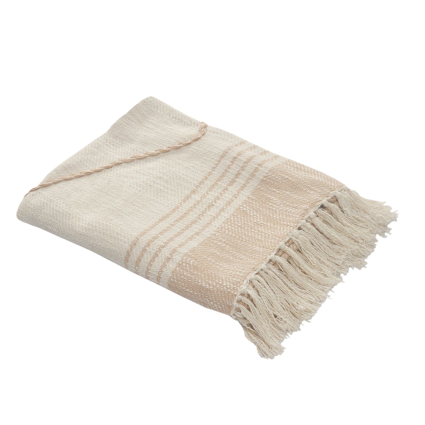 Beige Woven Cotton Striped Throw Blanket