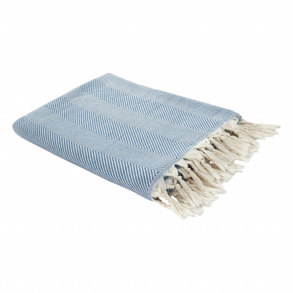 Blue Woven Cotton Herringbone Throw Blanket