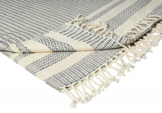 Blue and White Woven Cotton Striped Throw Blanket