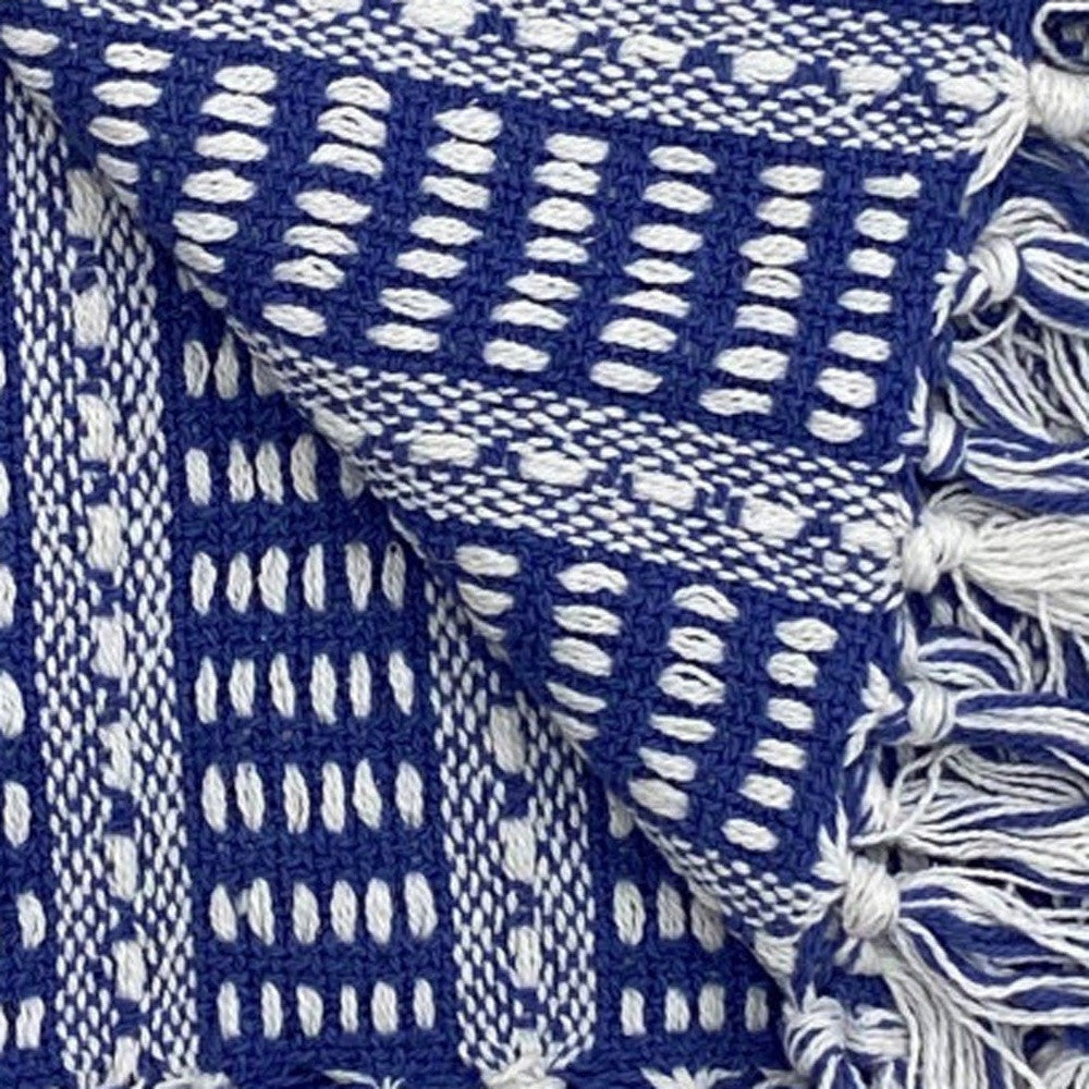 Blue and White Woven Cotton Striped Throw Blanket