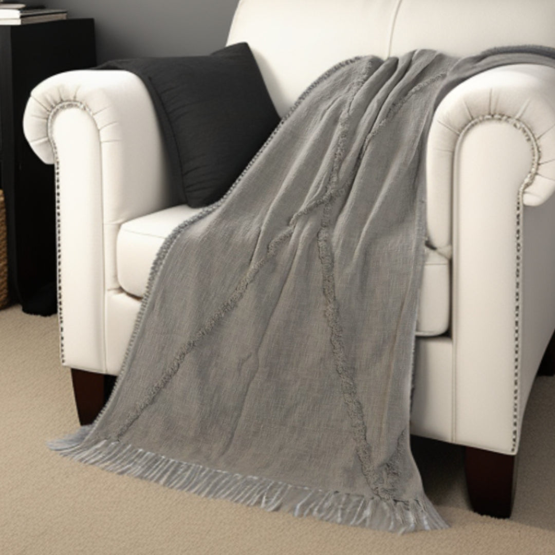 Gray Woven Cotton Solid Color Throw Blanket