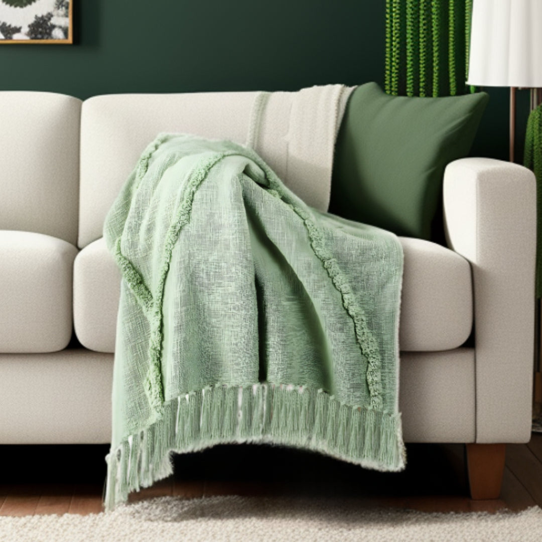 Green Woven Cotton Solid Color Throw Blanket