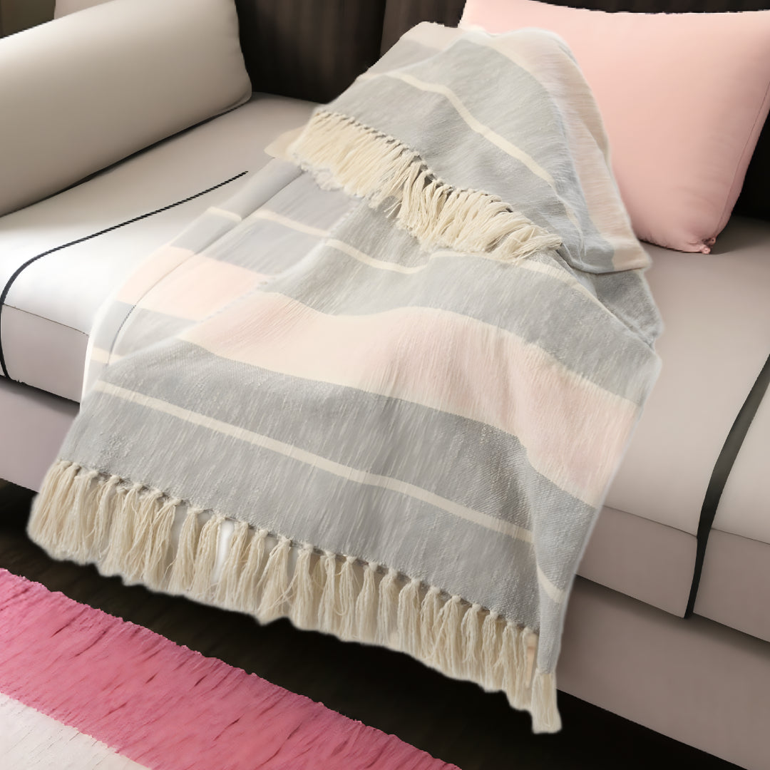 Gray Woven Cotton Striped Throw Blanket