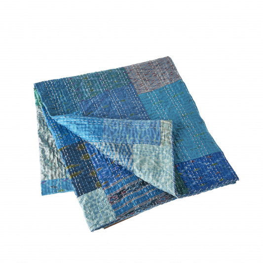 Blue Knitted Silk Patchwork Throw Blanket