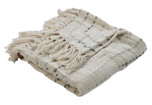 Cream Woven Cotton Striped Throw Blanket