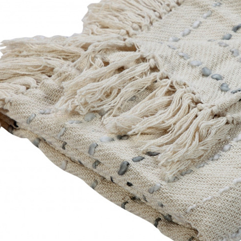 Cream Woven Cotton Striped Throw Blanket