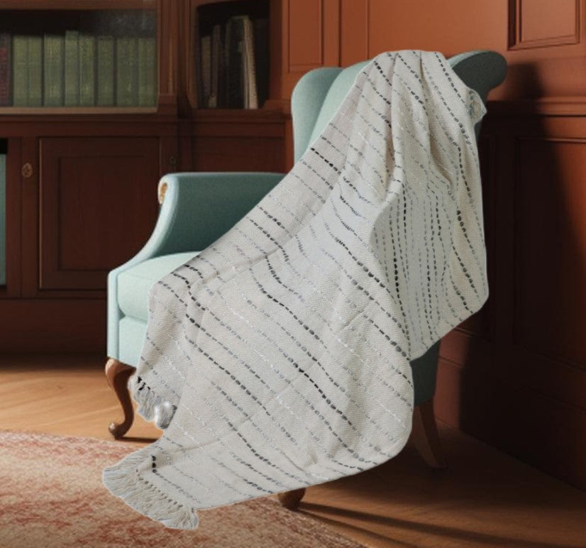 Cream Woven Cotton Striped Throw Blanket