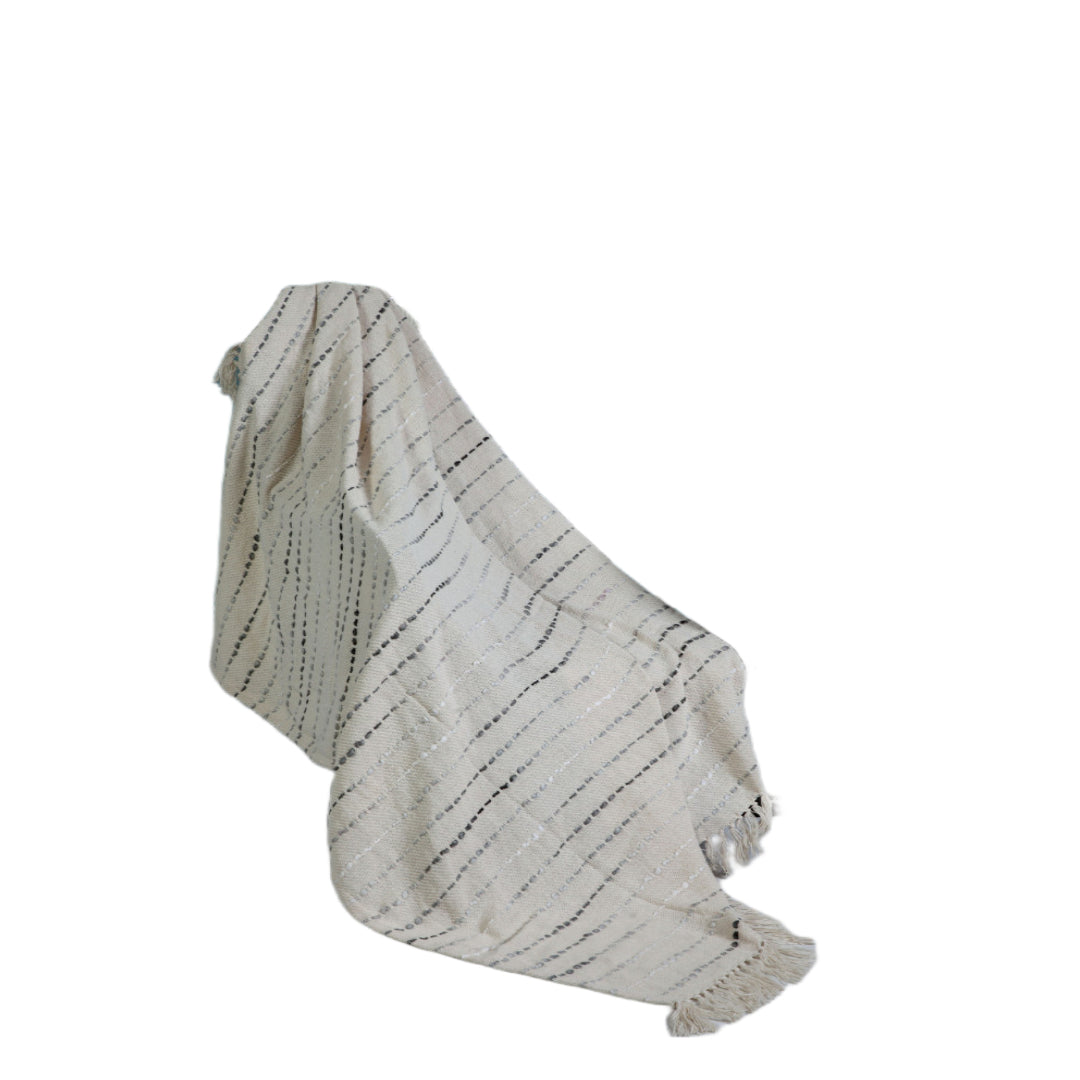 Cream Woven Cotton Striped Throw Blanket