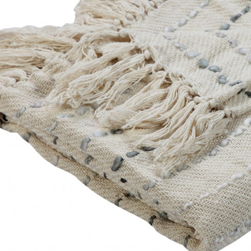 Cream Woven Cotton Striped Throw Blanket